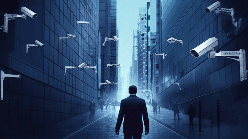 Aerial view of a city skyline with surveillance cameras overlaid, representing the expansive ICE surveillance network.