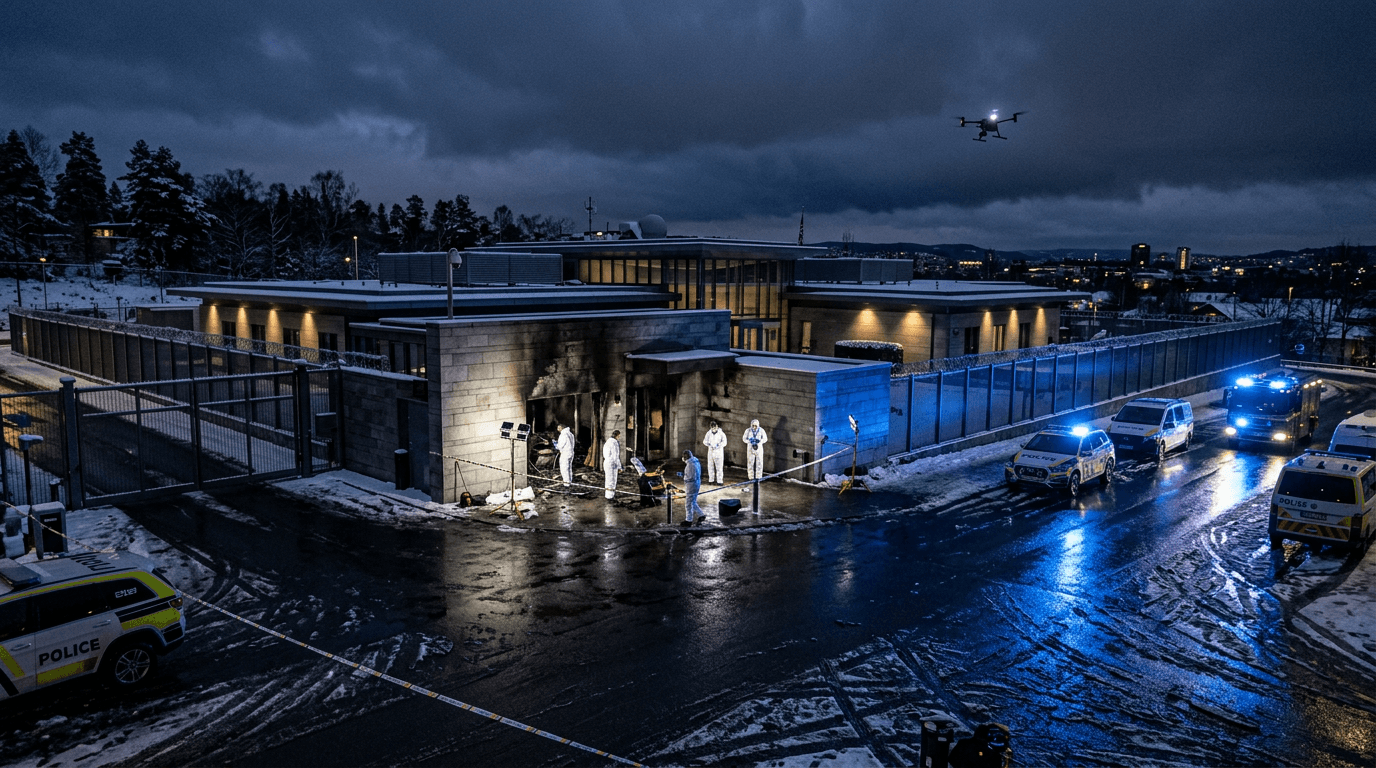 Police perimeter surrounding the site of the Oslo embassy explosion in Norway.