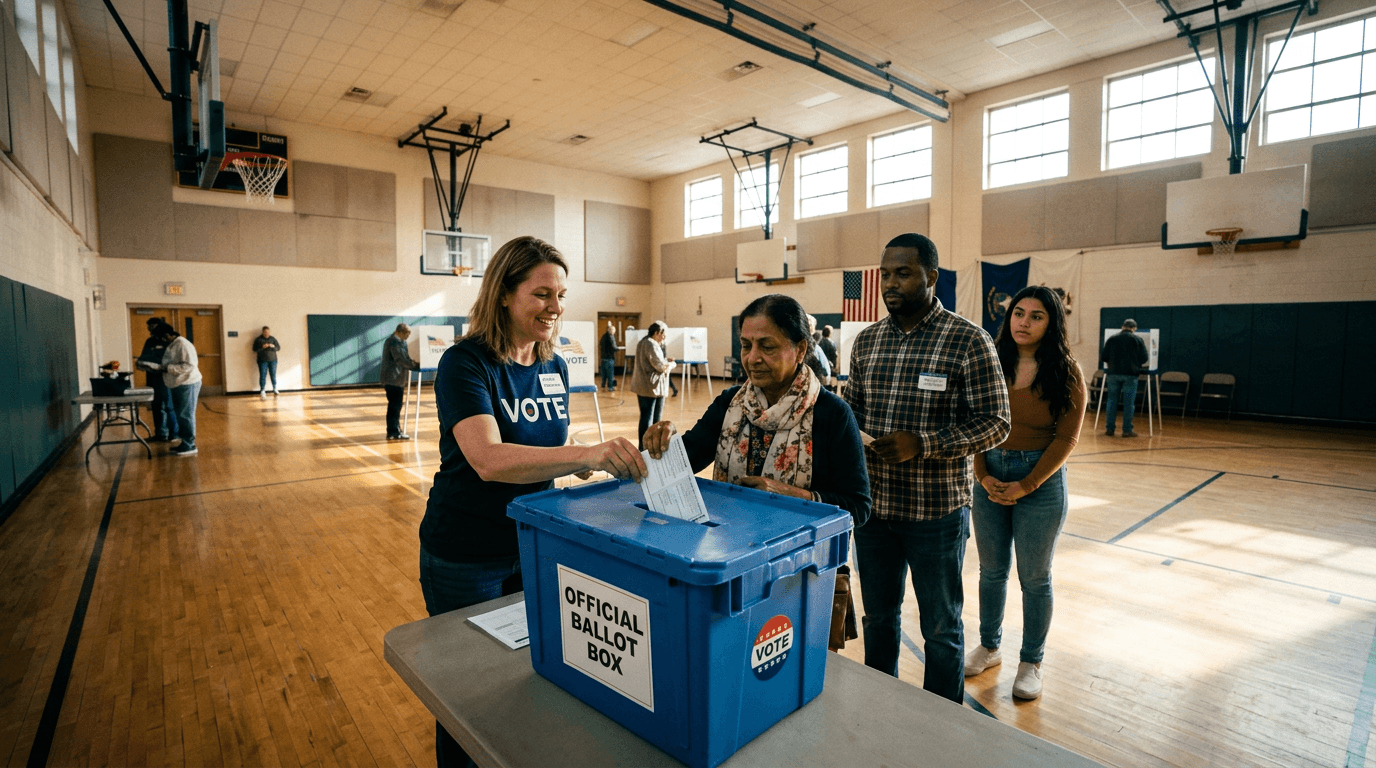 A bustling polling station in Northwest Georgia during a critical Georgia primary, with voters casting ballots.