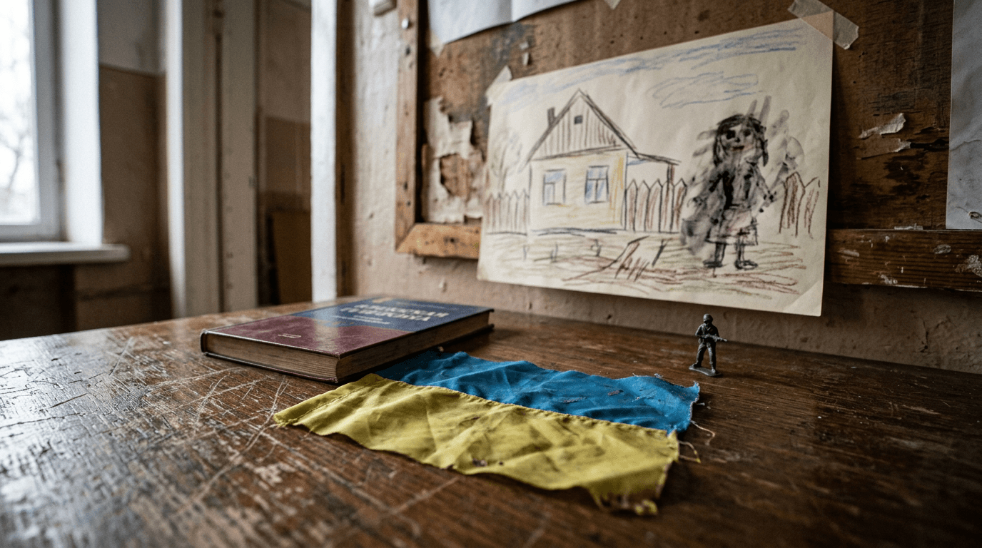 A collection of items representing Russia's child deportation: a small, worn Ukrainian flag, a generic Russian school textbook, a child's drawing with a distorted image, and a miniature toy soldier, all arranged on a distressed wooden surface.