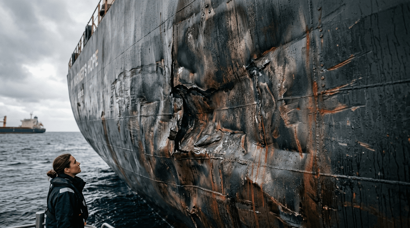 Close-up of a large container ship's hull, showing recent impact damage from a projectile, symbolizing Middle East commercial shipping attacks.