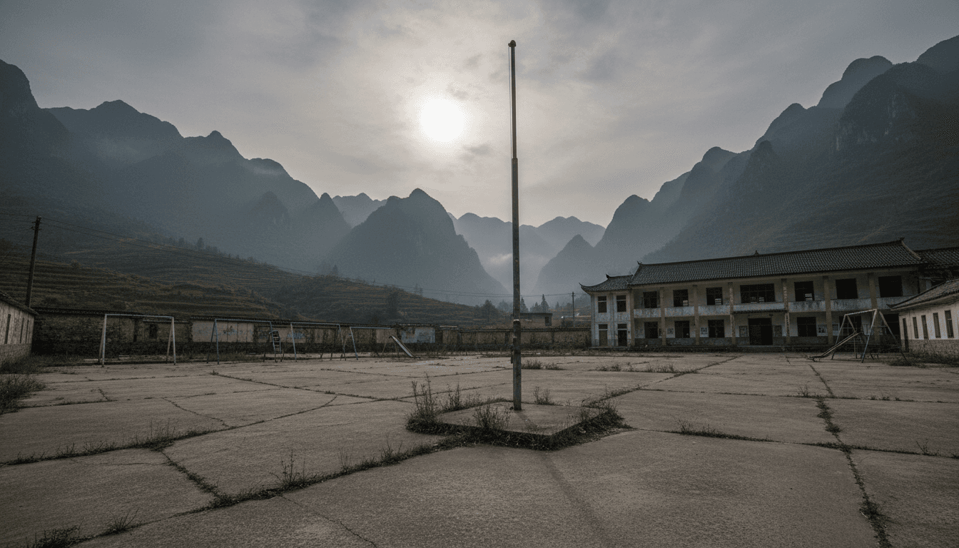 A desolate, empty school playground in a minority region of China at dusk, conveying the impact of China's ethnic unity law.