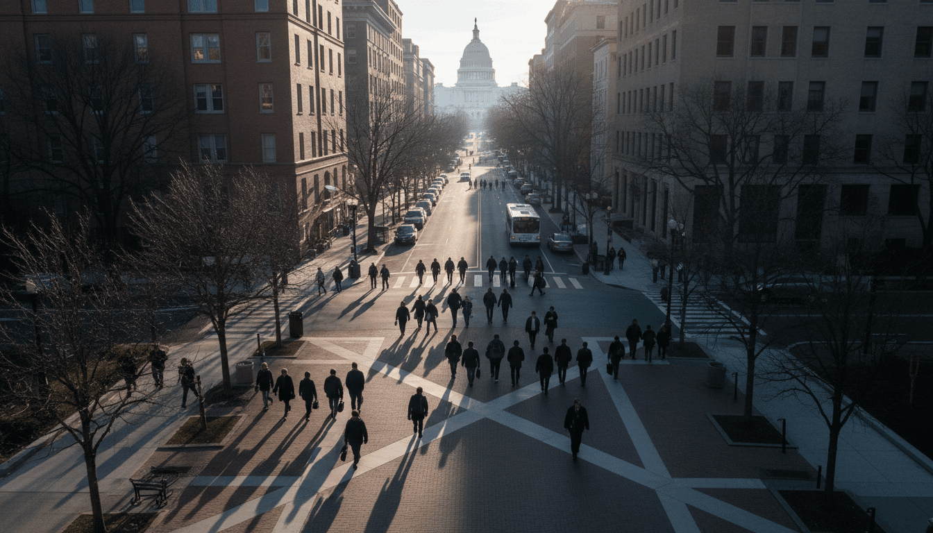 A bustling street scene in Washington D.C. with the U.S. Capitol Building visible in the background, subtly depicting the ongoing House revolt.