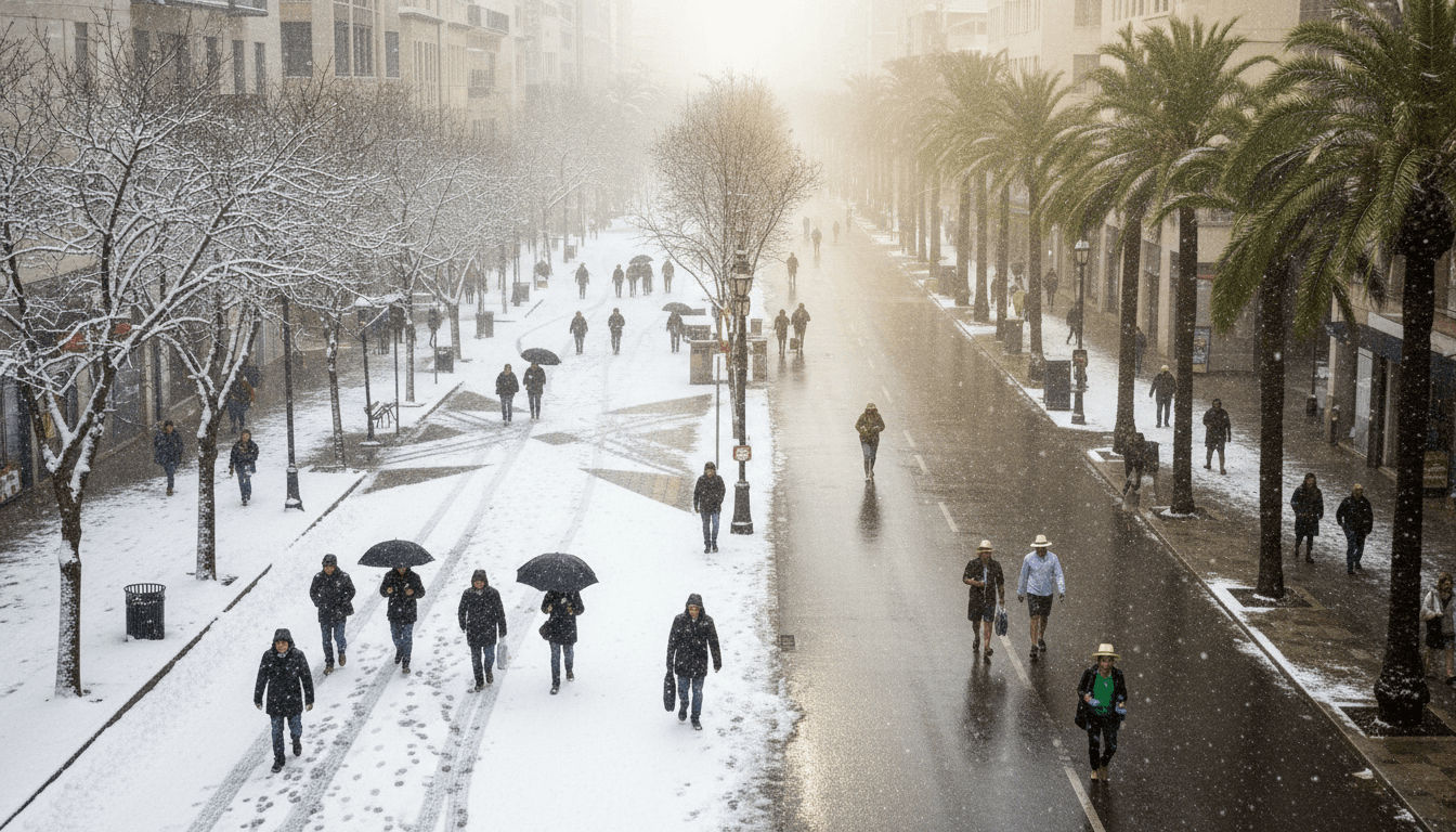 A street-level view of a city experiencing the simultaneous impact of US weather extremes, with snow on one side and heat haze on the other.