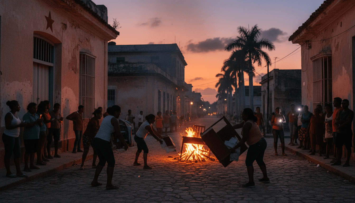 A bustling street in Havana, Cuba, at dusk, with residents gathered around a flickering generator and makeshift lights, as the Cuban energy crisis deepens.