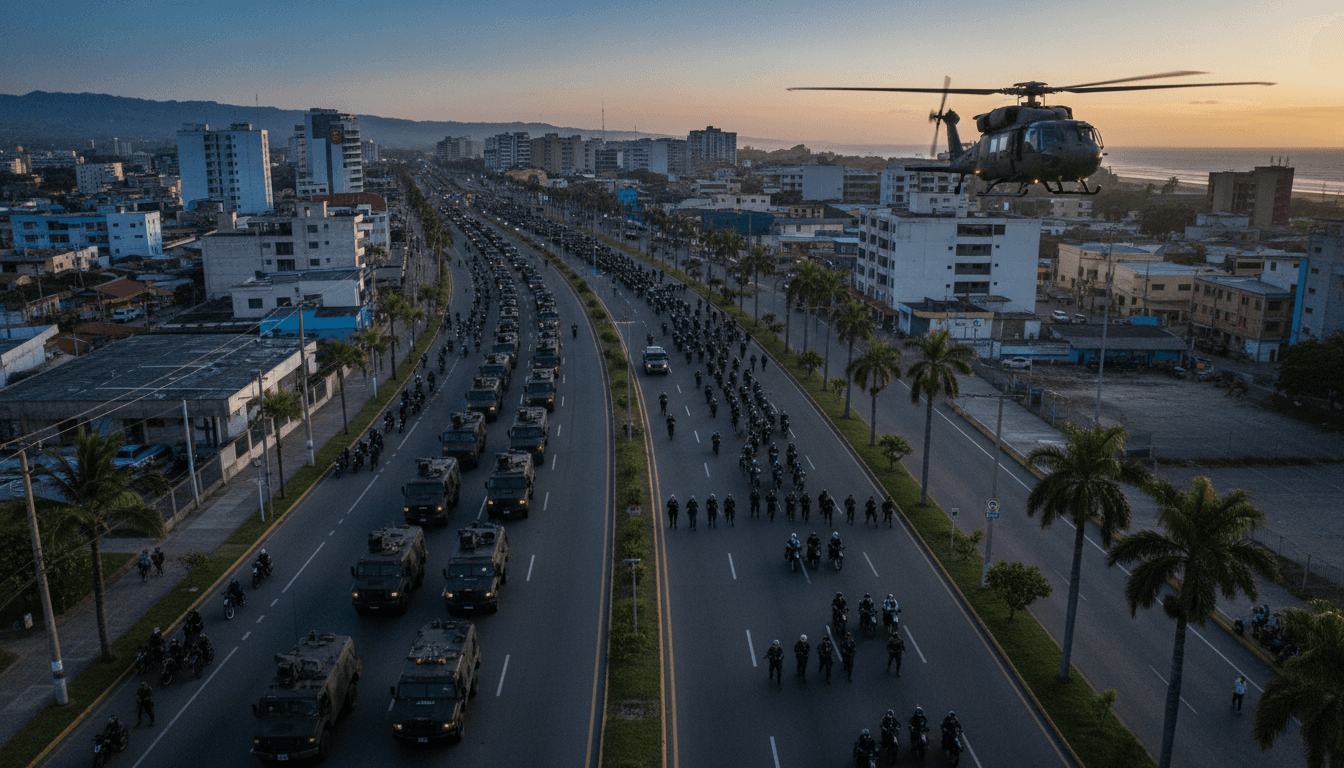An aerial view showing a large contingent of Ecuadorian security forces, including soldiers and police, deployed in an urban coastal area, with military vehicles and helicopters visible, as Ecuador deploys soldiers combat drug gangs.