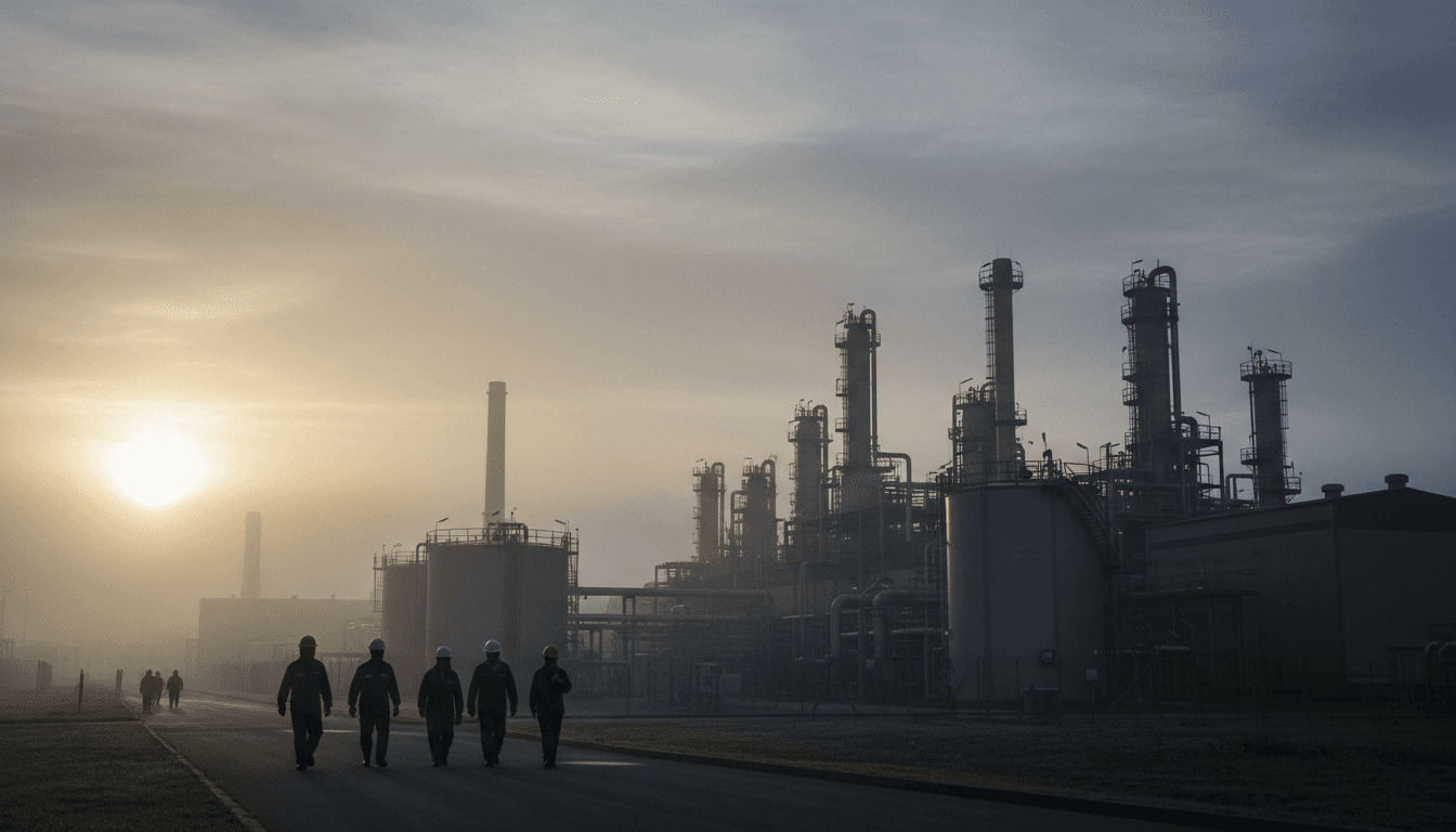 A silhouette of a pharmaceutical factory against a sunrise, symbolizing the rise of India's cheap weight-loss drugs.