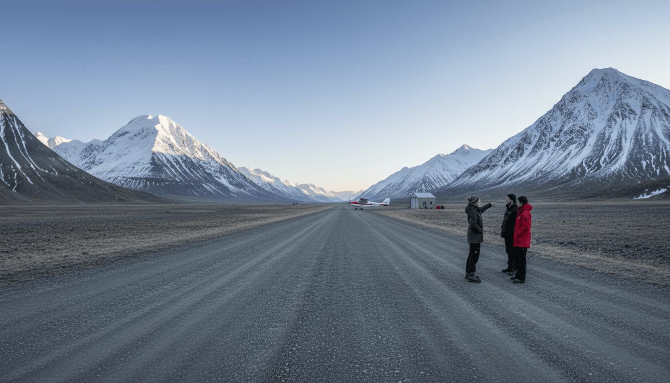 A wide view of a remote Greenlandic airstrip with mountains in the background, symbolizing the Denmark Greenland US invasion plans.