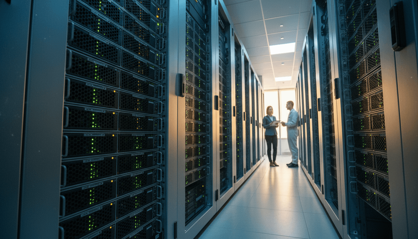 A close-up of a high-performance computer server rack with glowing indicator lights, symbolizing advanced US AI tech transfer.