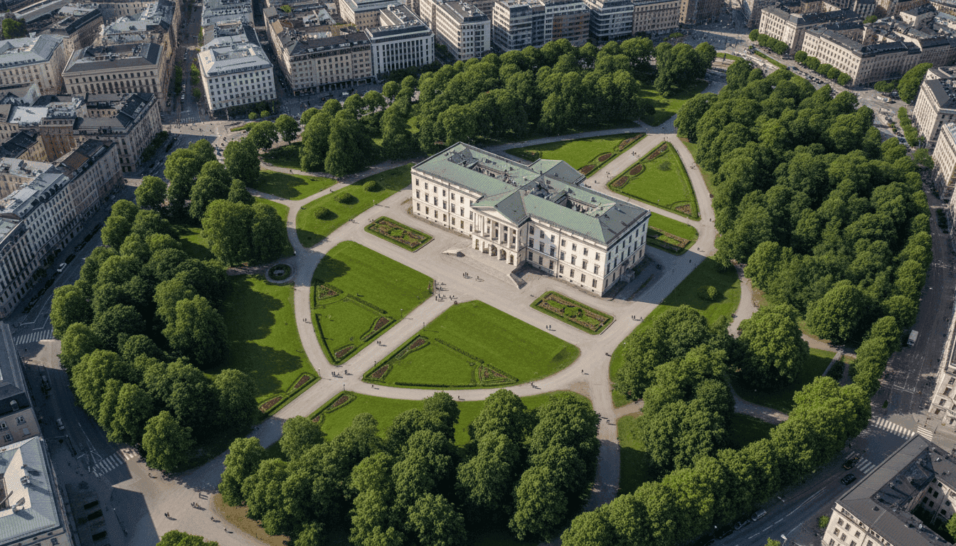 An aerial view of the Royal Palace in Oslo, Norway, reflecting the impact of Crown Princess Mette-Marit Epstein claims on the monarchy.