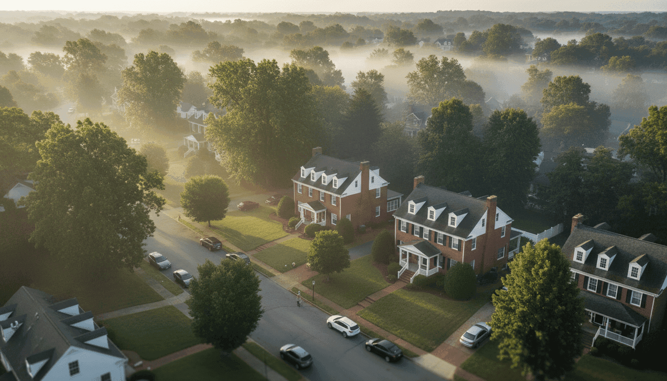 Aerial view of a quiet, tree-lined street in Charlottesville, Virginia, with a subtle morning mist, signifying the peaceful location of Robert Mueller death.