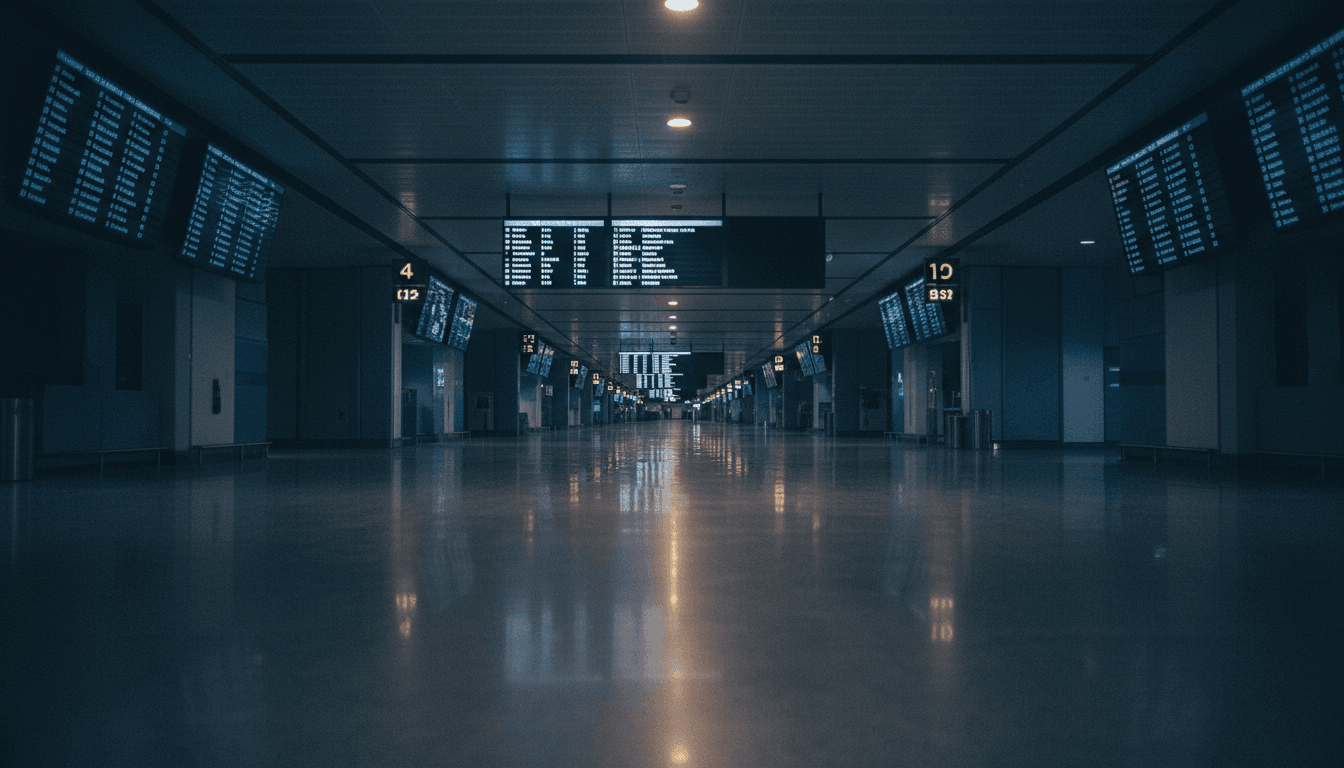 A dimly lit airport terminal with sparse passengers, emphasizing the quiet tension and uncertainty surrounding ICE agents at US airports.