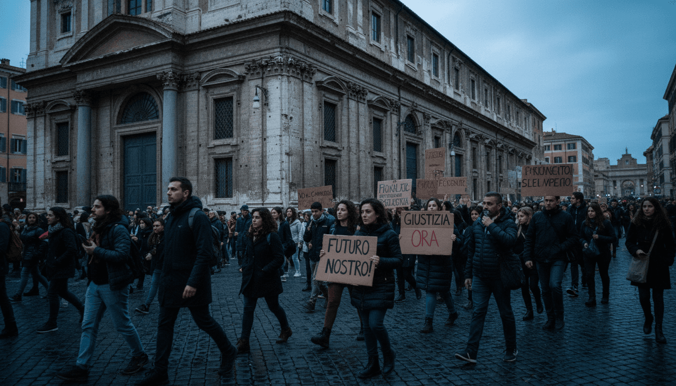 A candid, street-level shot of a protest or public gathering in Rome, depicting people holding banners related to the judicial reform or political issues, capturing the mood after Meloni suffers referendum defeat.
