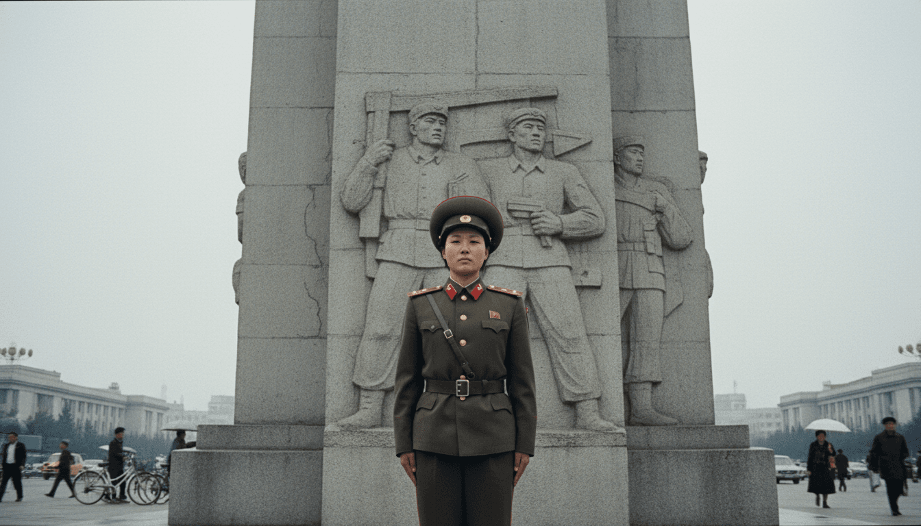 A candid, street-level view of a North Korean soldier standing guard in front of a monument, symbolizing the nation's military and its North Korea nuclear status.