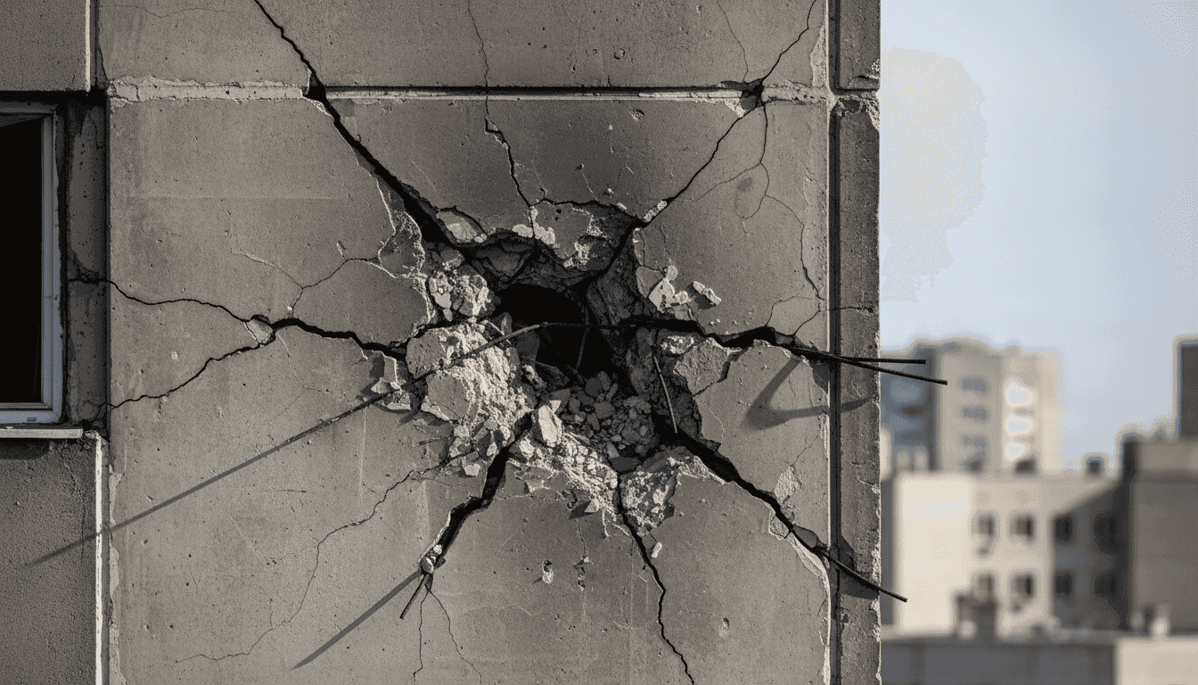 A close-up view of a damaged building facade with visible scorch marks and debris from a recent Russia drone attack.