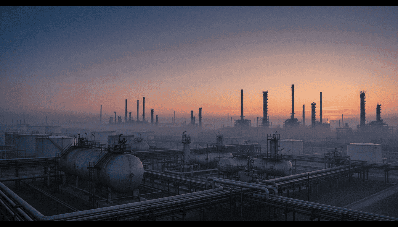An atmospheric scene depicting the impact of the Philippines energy emergency, with a dimly lit industrial oil refinery at dawn.