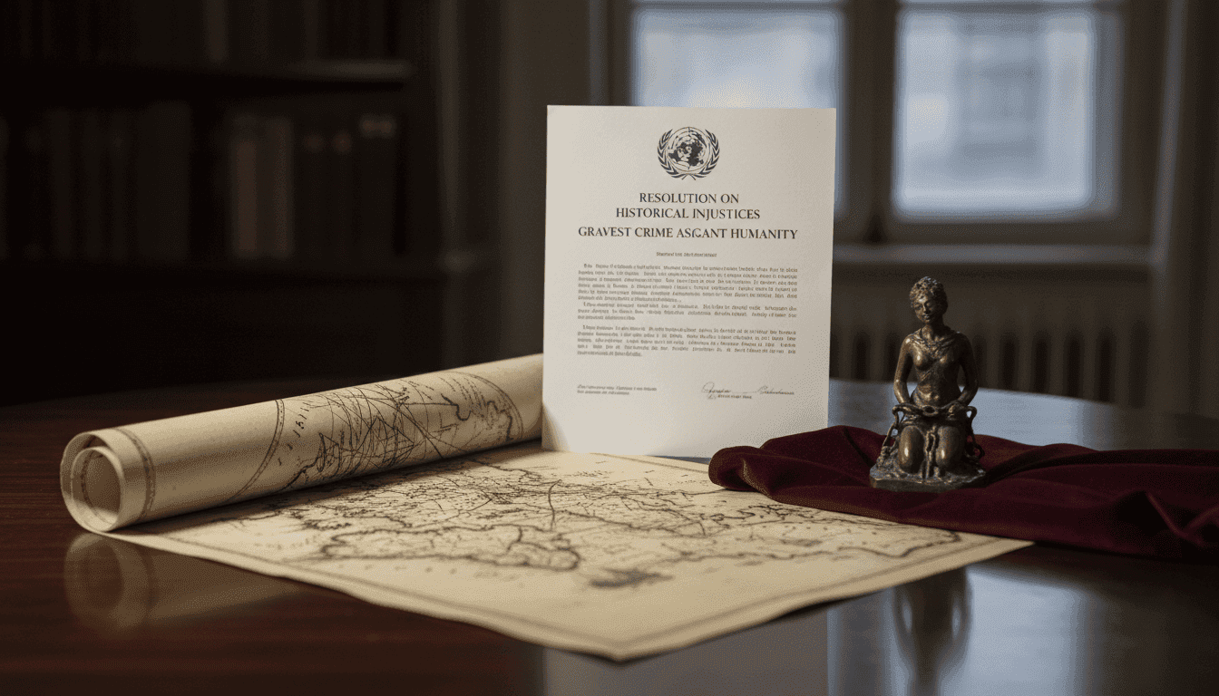 A detailed still life composition featuring a historical map of the transatlantic slave trade routes, alongside a small, symbolic bronze sculpture of a human figure in chains, and a modern legal document titled 'UN Resolution' with the phrase 'gravest crime against humanity' highlighted.