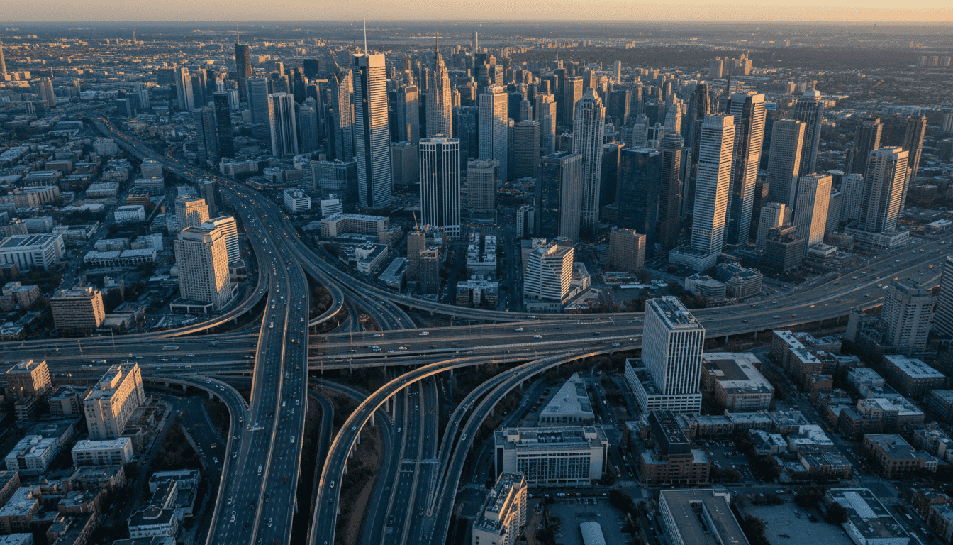 An aerial view of a bustling city skyline at dawn, symbolizing the pervasive reach and impact of a social media addiction lawsuit.