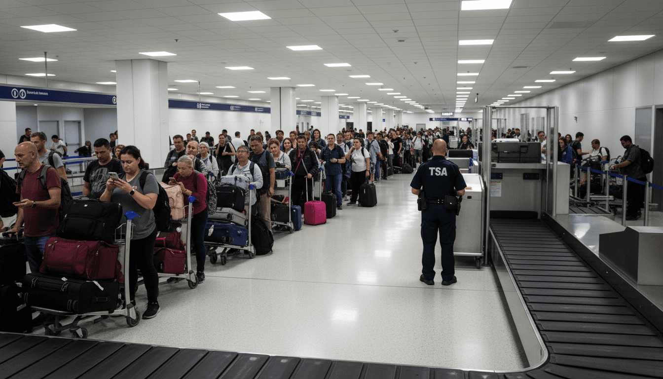 A Transportation Security Administration (TSA) officer in uniform, seen from behind, looking at a long queue of travelers at an airport during a period when congress faces shutdown over funding.