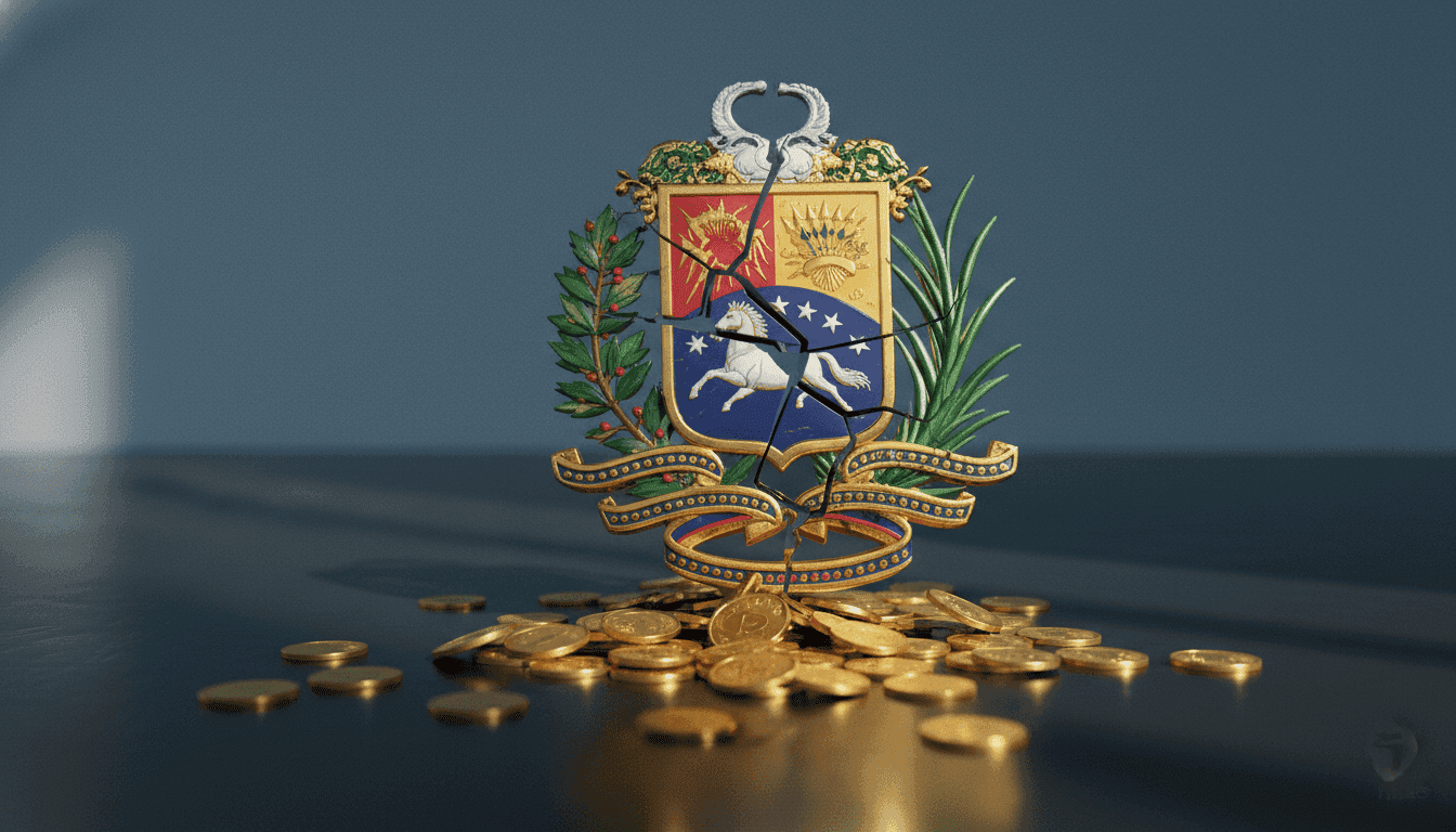 A conceptual image depicting the Venezuelan wealth plundered, showing fragmented gold coins cascading from a stylized, shadowed national emblem.