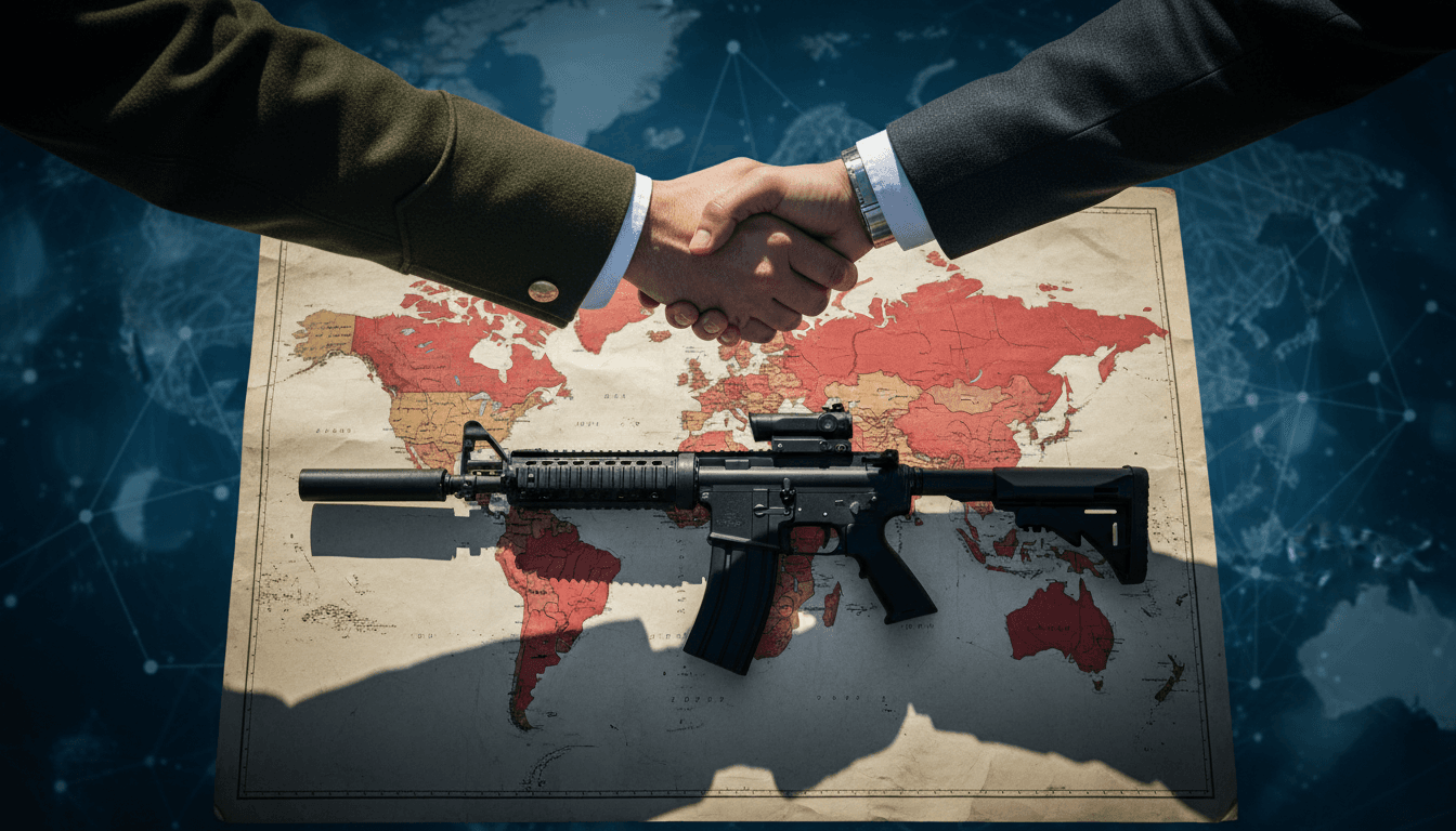 Leaders Kim Jong Un and Alexander Lukashenko shaking hands with a VSK assault rifle in the foreground, symbolizing the Belarus-North Korea alliance deepens.