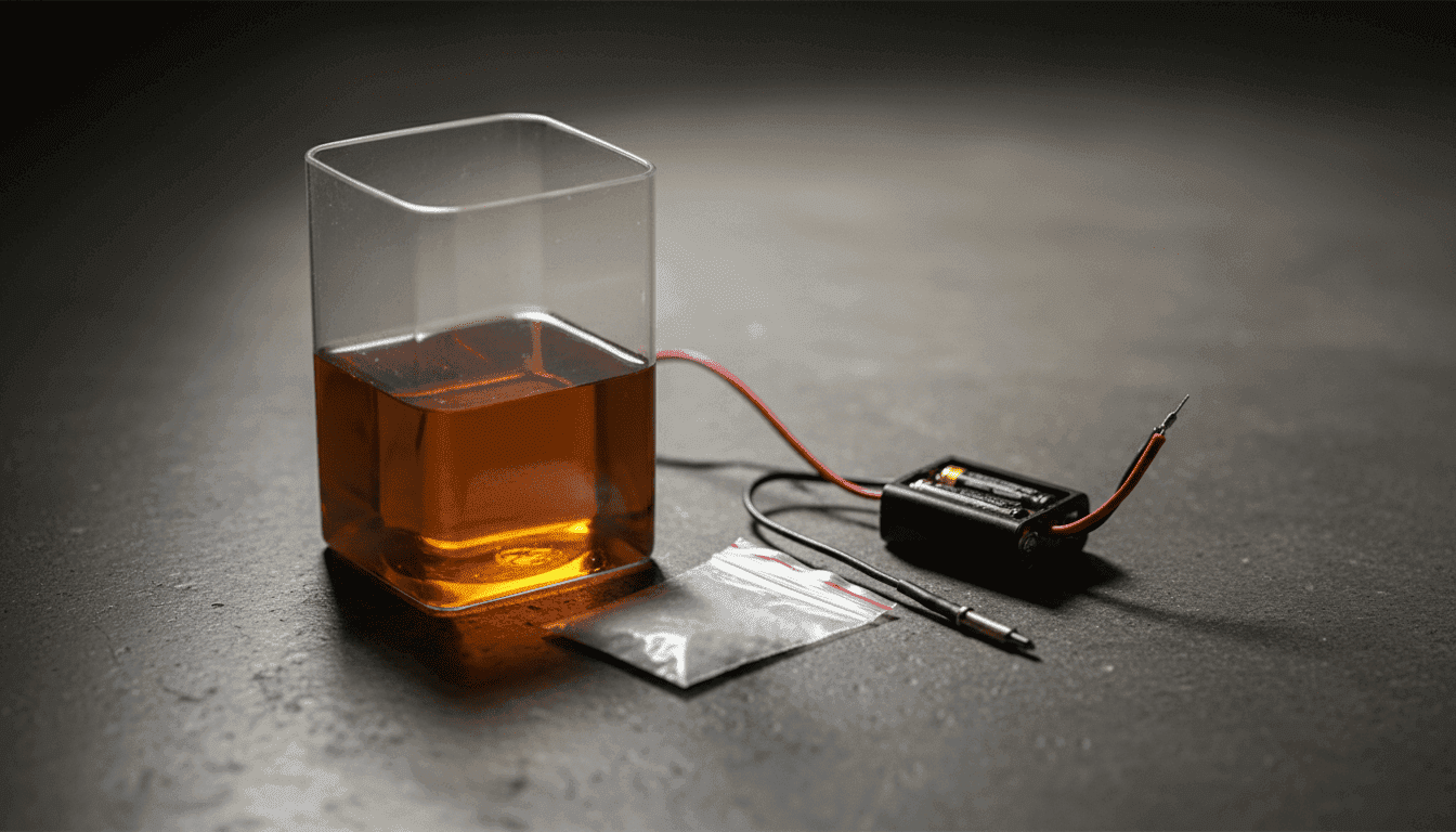 A homemade explosive device consisting of a container of liquid fuel, explosive powder in a bag, and an ignition system, laid out on a dark surface, representing the France detains suspects over Bank of America attack plot.