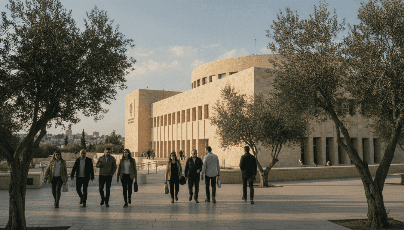 A wide shot of the Knesset building in Jerusalem under a clear sky, symbolizing the debate over the Palestinian hanging law.