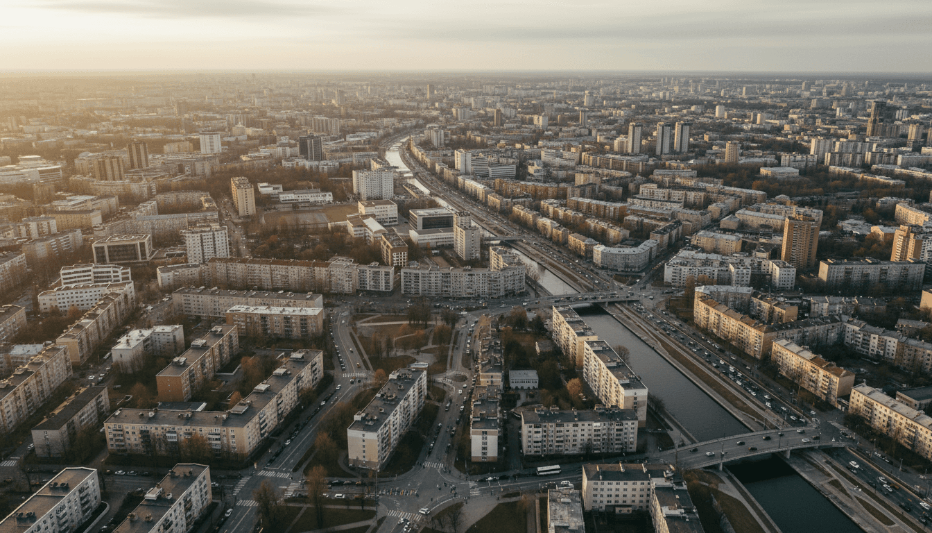 An aerial view of a bustling urban landscape at sunrise, illustrating the widespread impact of the babies birthright citizenship debate on communities.