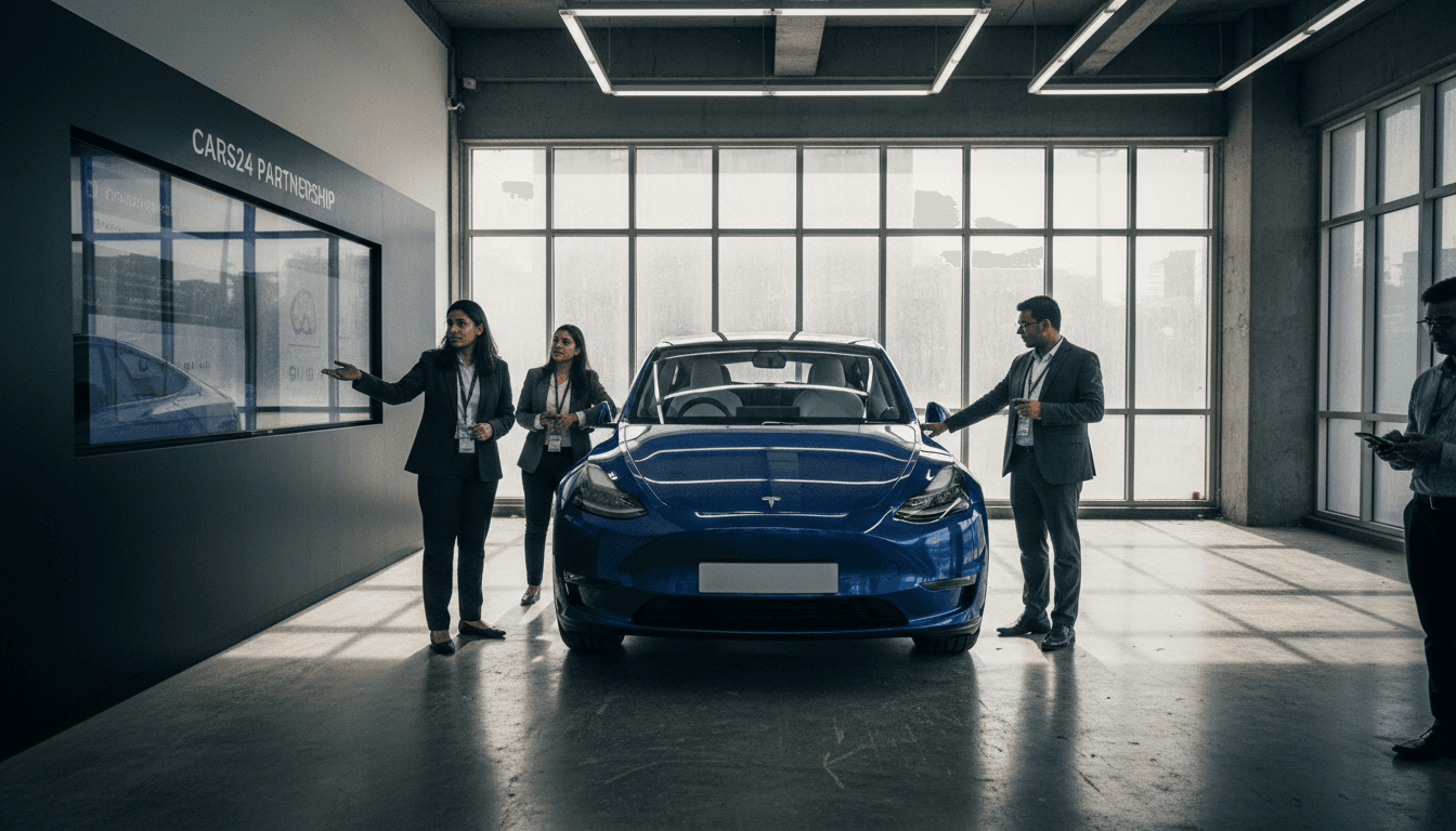 A Tesla Model Y parked prominently at a modern Tesla Experience Center in India, with a Cars24 representative speaking to a customer about the India EV transition program.