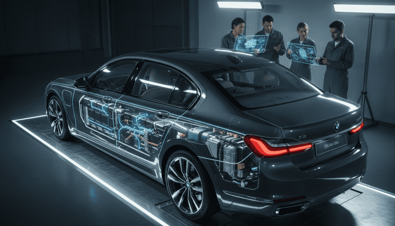 A sleek BMW i7 electric sedan on a futuristic charging pad, with a transparent overlay showing the internal structure of its new Gen6 battery tech, highlighted by glowing energy pathways, emphasizing the advanced BMW i7 Gen6 battery tech.