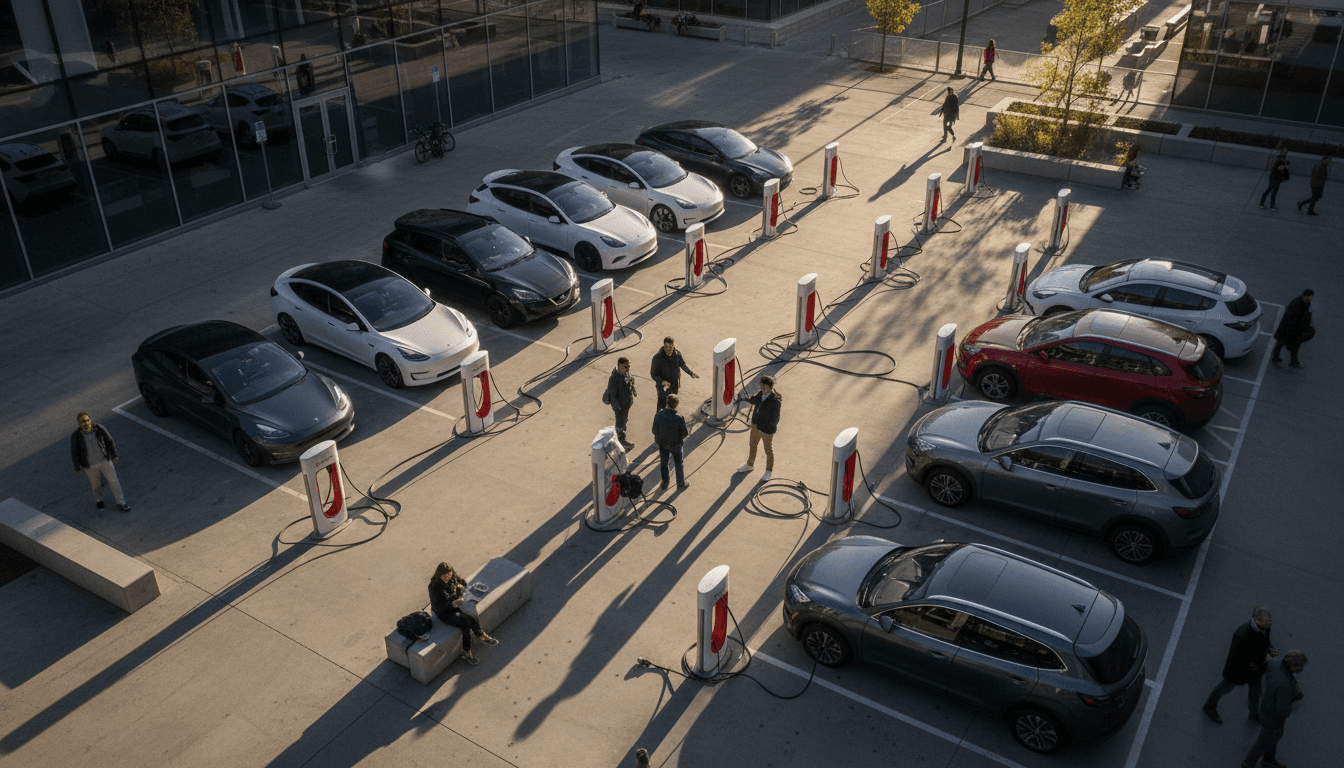 A row of electric vehicles charging at a public station, highlighting the surge in EV charging registrations.