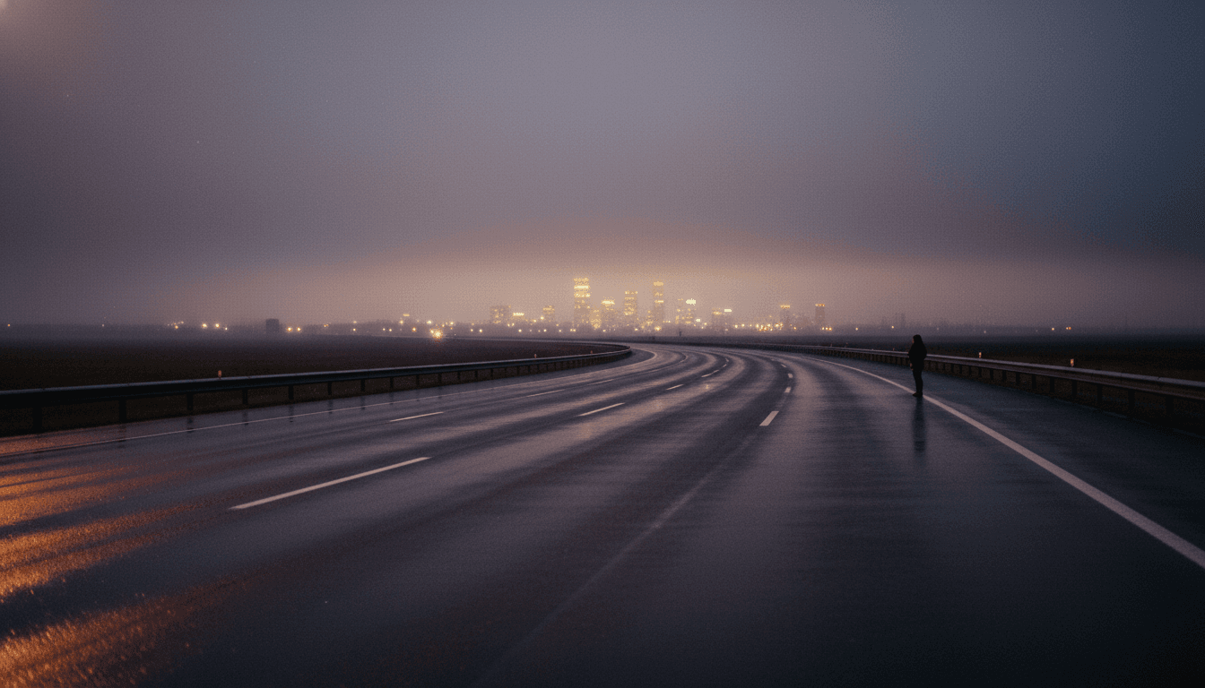 A lonely, rain-slicked highway at dusk, with the faint glow of distant city lights, symbolizing the unexpected turn in hybrid car sales outpace EVs.