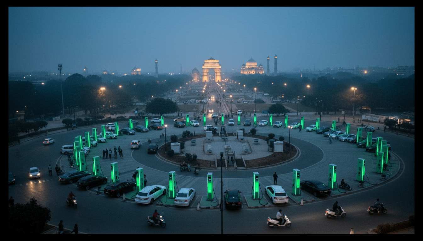 A futuristic cityscape of Delhi at dusk, with sleek electric cars and two-wheelers moving silently along illuminated streets, symbolizing the impact of the Landmark Delhi EV Policy 2026.