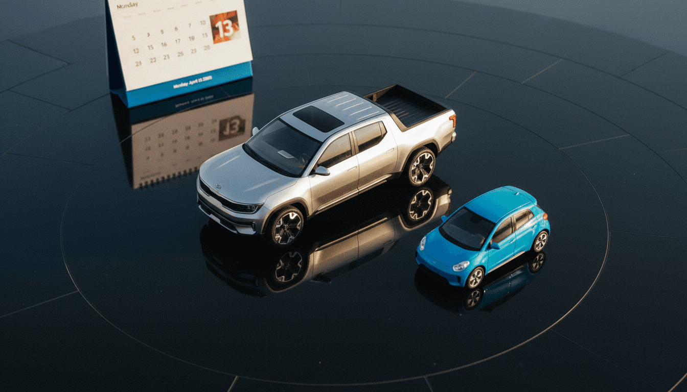 A detailed still life composition featuring a miniature, futuristic Kia EV ute model alongside a small, sleek electric car toy, with a calendar page showing 'April 13, 2026' in the background.