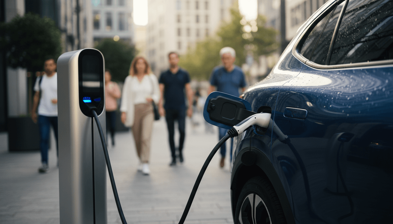 A sleek, futuristic electric car charging at a rapid charging station, illustrating how a solid-state battery revolutionizes EVs with faster charging.