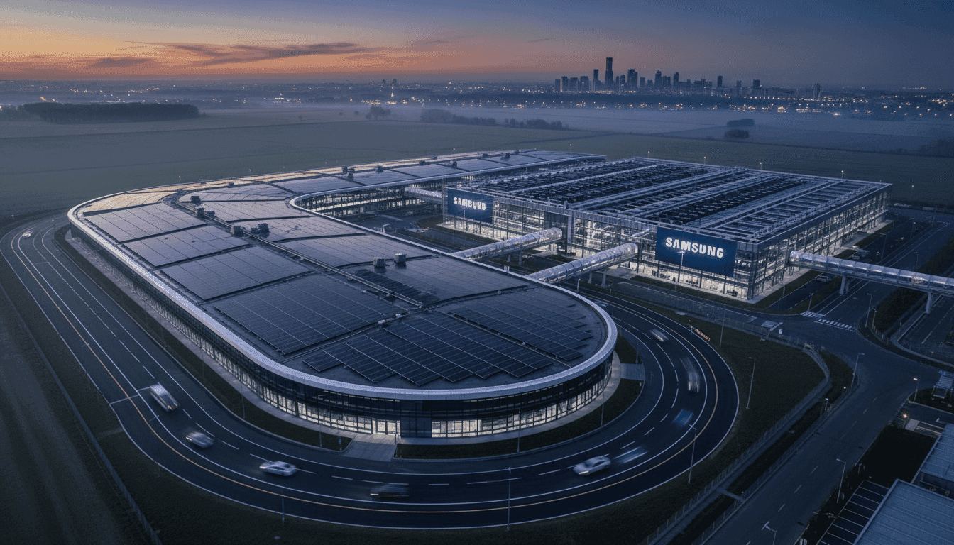 An aerial view of a futuristic Mercedes-Benz EV production facility with a large, integrated Samsung battery manufacturing plant nearby, highlighting the strategic Samsung Mercedes deal.