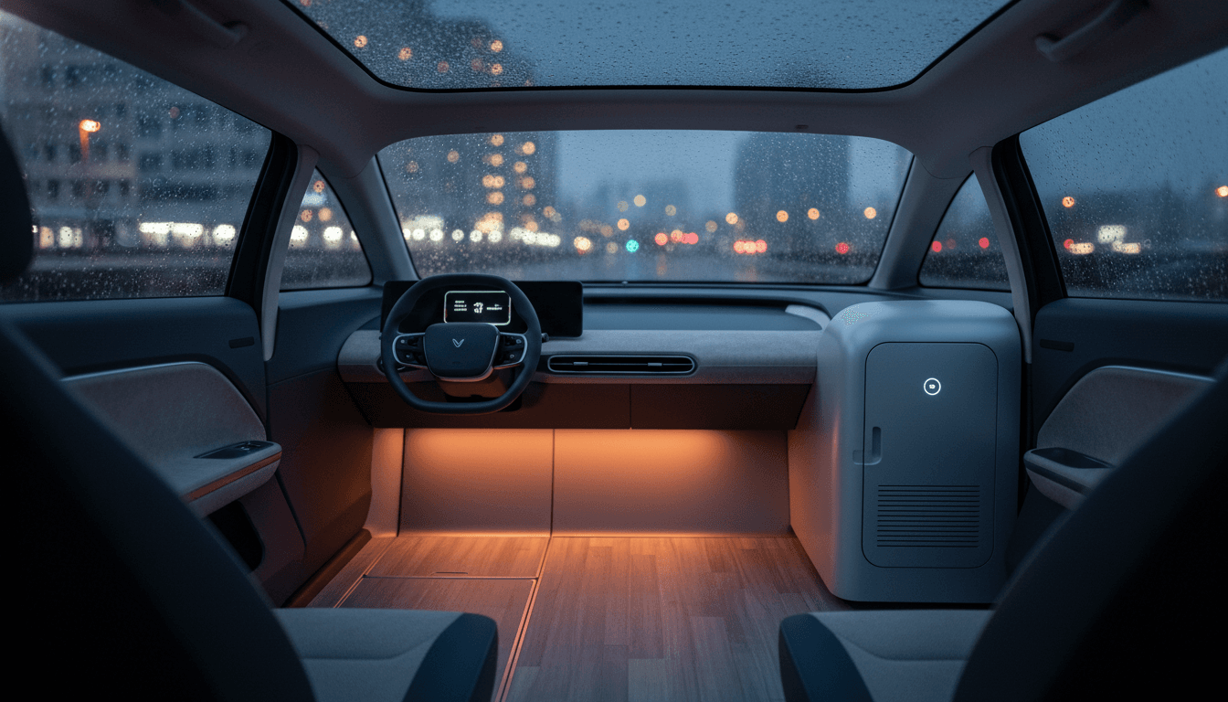 A sleek, modern electric vehicle interior at dusk, subtly hinting at integrated amenities, with a soft glow illuminating a discreet, compact in-car toilet patent design.