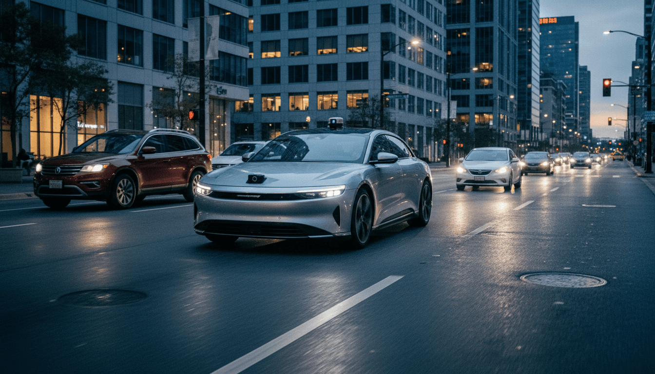 An autonomous Lucid Air sedan driving on a well-maintained city street at dusk, illustrating the autonomous vehicle future.