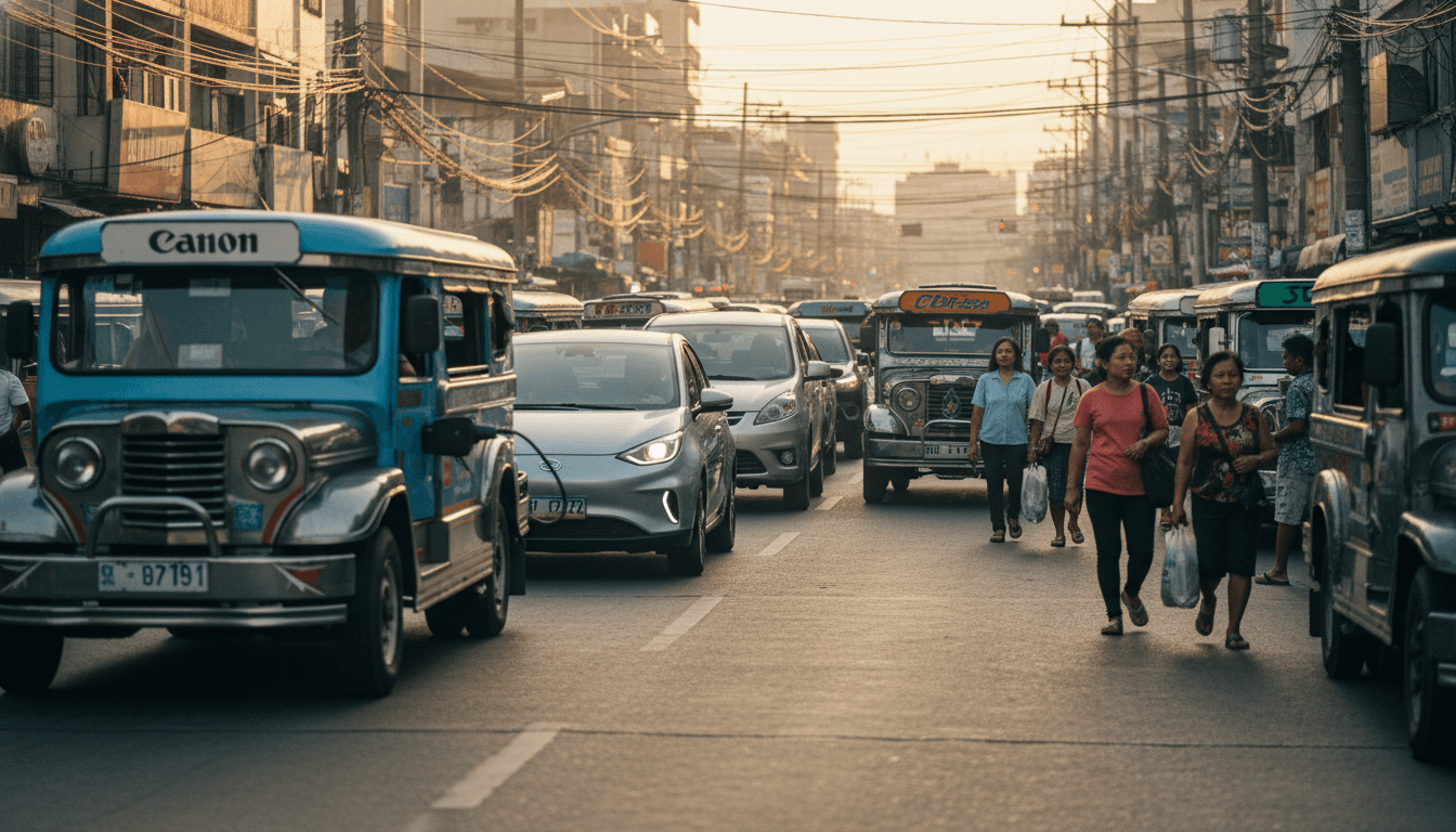 A bustling street scene in Manila showing several electric cars in traffic, highlighting the surge in Philippines electric car sales.