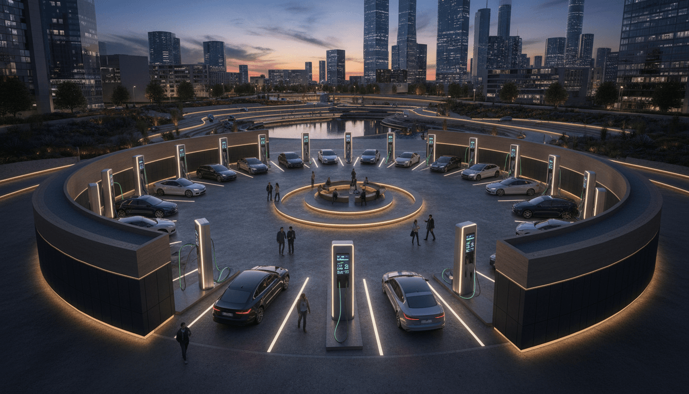 A wide shot of a futuristic electric vehicle charging station market hub at sunset, with multiple charging points in use.