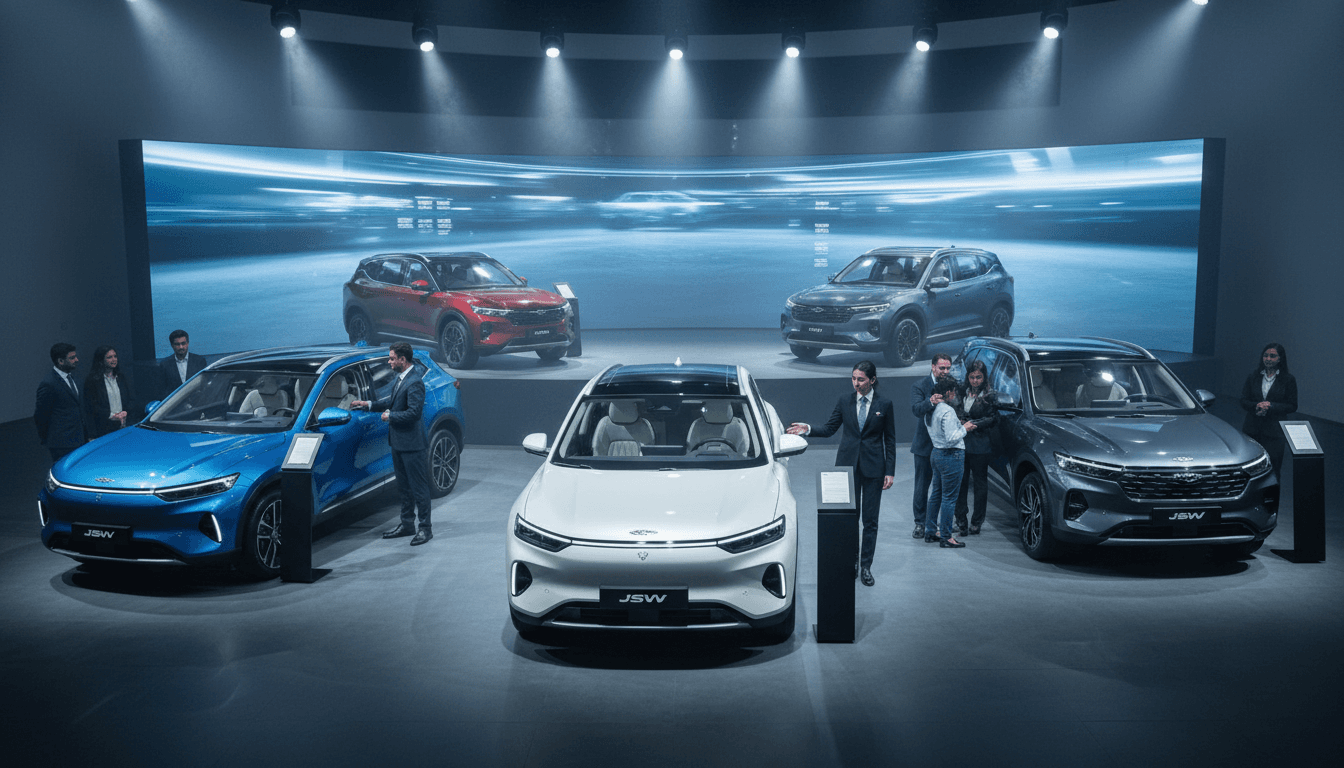 A fleet of new JSW SUVs, both electric and traditional, parked on a dealership lot under bright lights, symbolizing their entry into the market.
