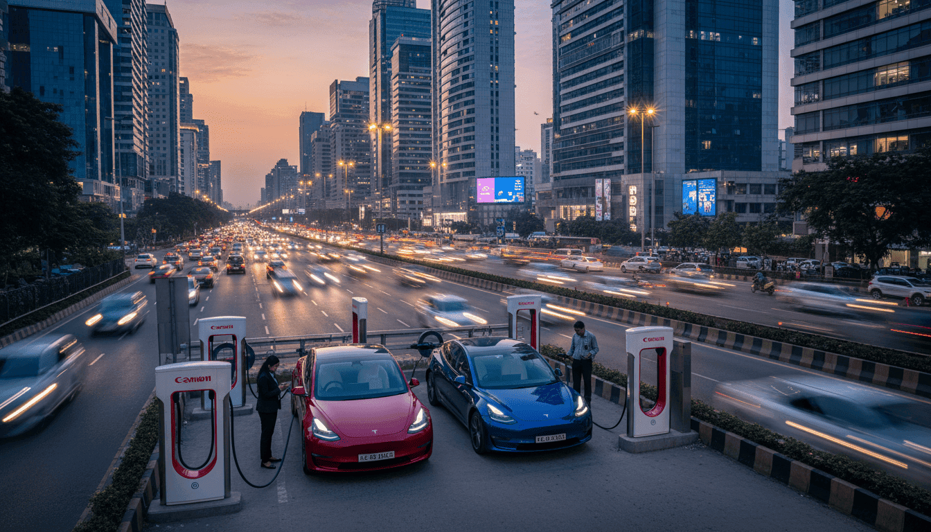A sleek Tesla electric vehicle charging at a Supercharger station in a modern Indian city, illustrating the Tesla India expansion of its charging network.