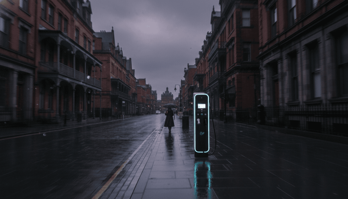A solitary EV charging station stands illuminated against a dark, rainy night in a Victorian street, symbolizing the effort to make Victoria slashes EV charging costs and accessible.