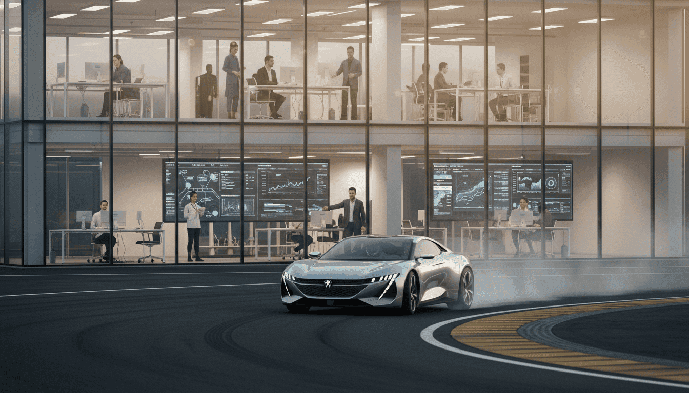 A modern Peugeot plug-in hybrid vehicle on a test track, with engineers reviewing data on a laptop, symbolizing Peugeot updates plug-in hybrid power ratings.