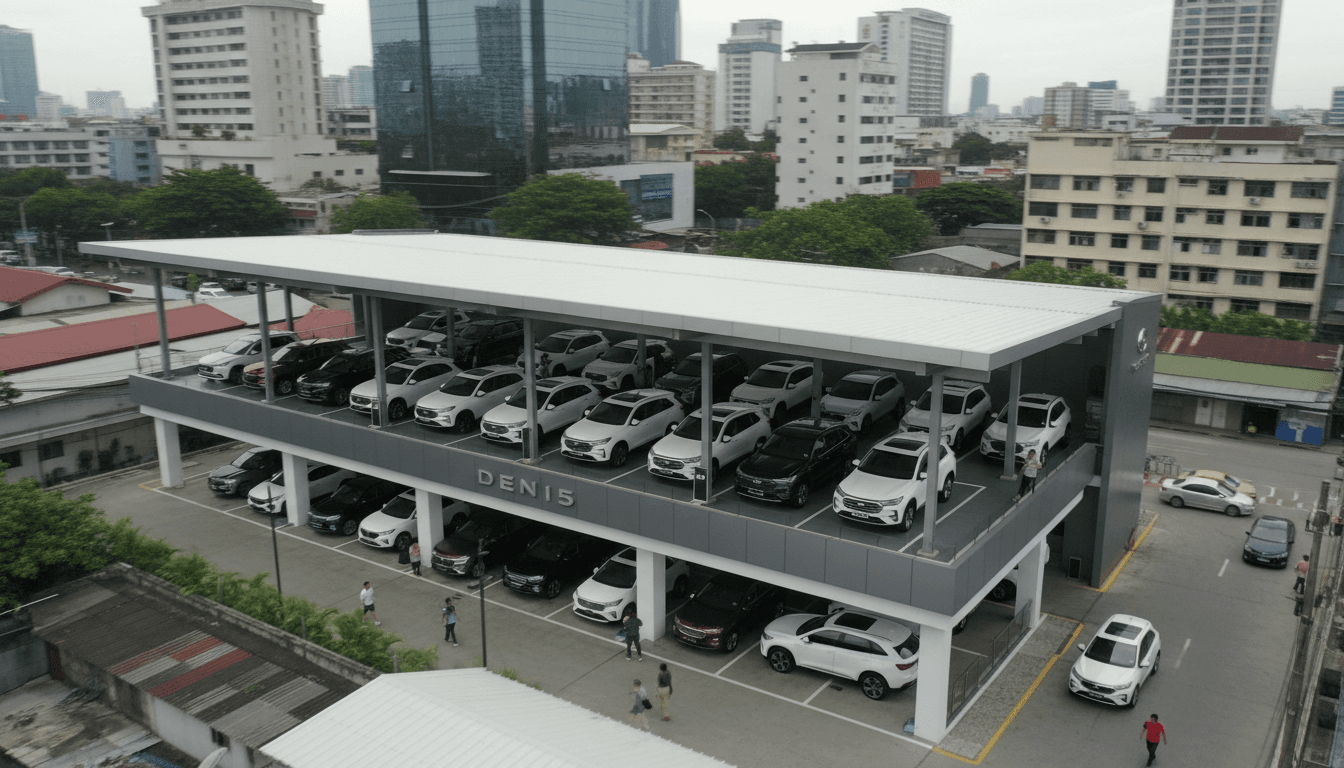 Aerial view of a sleek Denza PH 2026 B5 luxury SUV parked at a modern charging station in a bustling city.