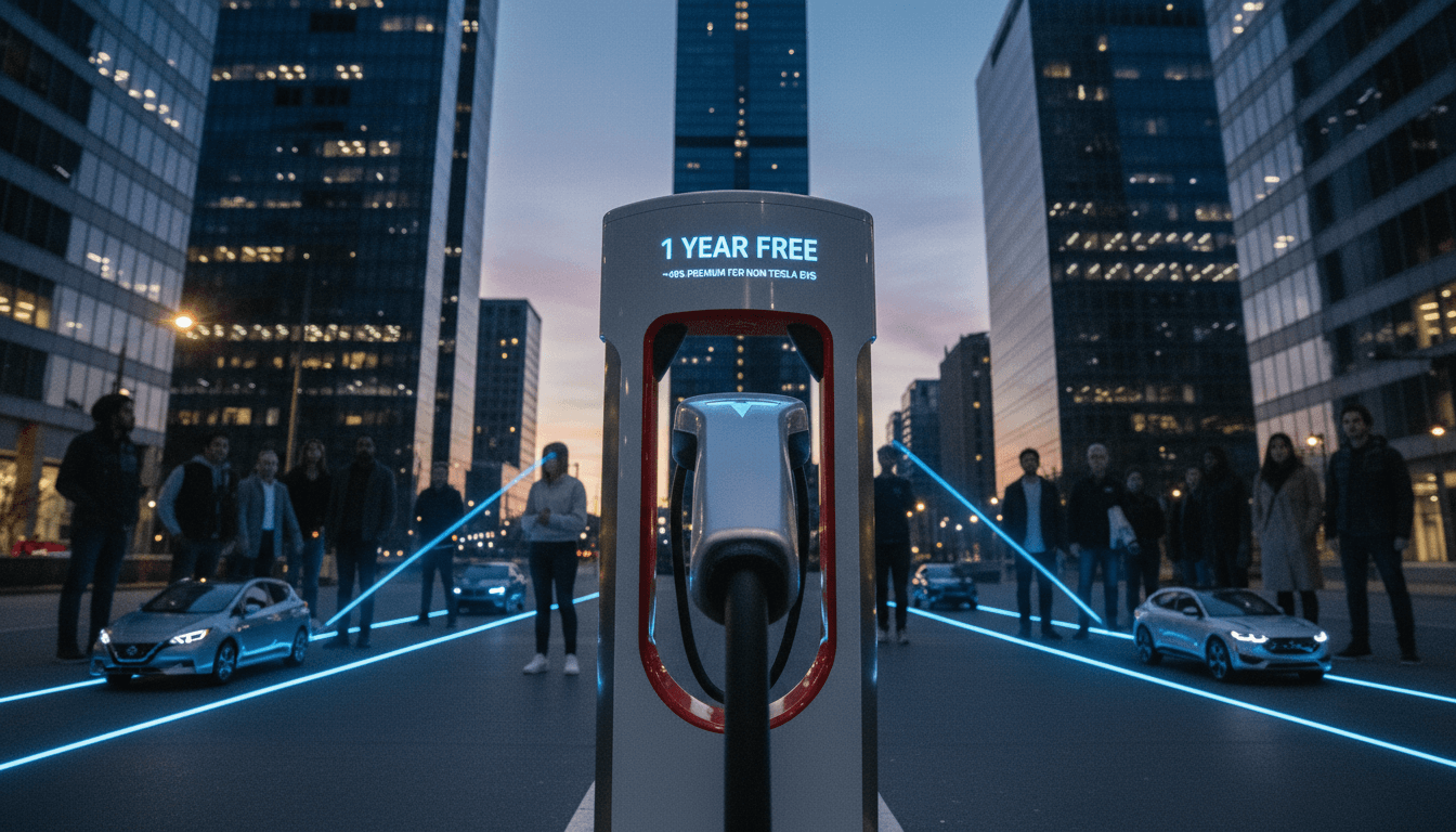 A Tesla Supercharger station with a prominent sign indicating 'Tesla offers free Supercharging for 1 year' and a smaller display showing premium rates for non-Tesla EVs.