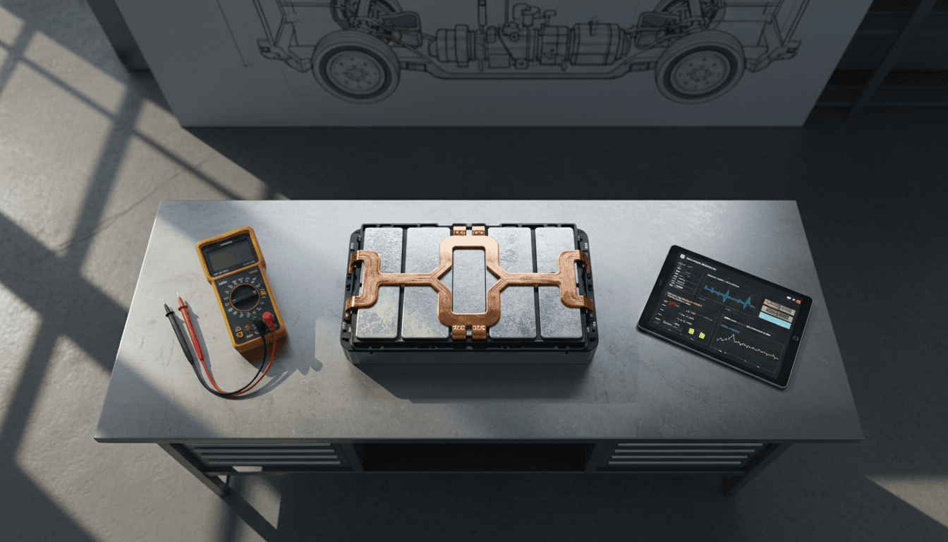 A meticulously arranged still life featuring a sleek, disassembled best EV car battery pack, showcasing individual cells and cooling components, against a backdrop of diagnostic tools and a digital tablet displaying performance metrics from Texas Diamond Garage.