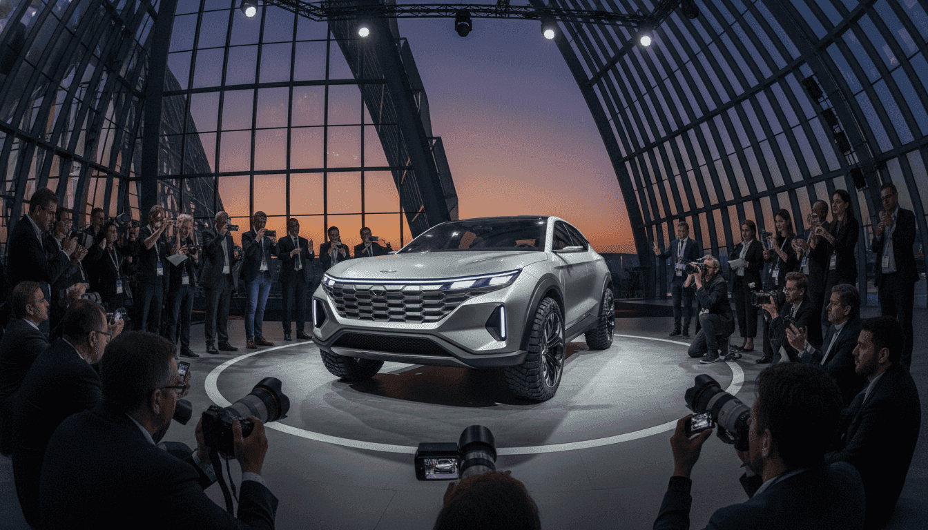 A sleek, futuristic global plug-in hybrid electric SUV concept car, designed by Zhengzhou Nissan, is unveiled on a brightly lit stage.