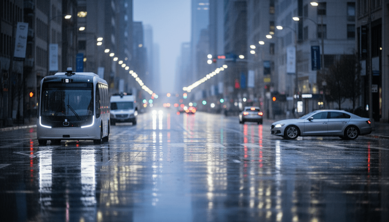 A futuristic city street at dusk, with several autonomous vehicles silently navigating, highlighting the growth of the autonomous driving software market.