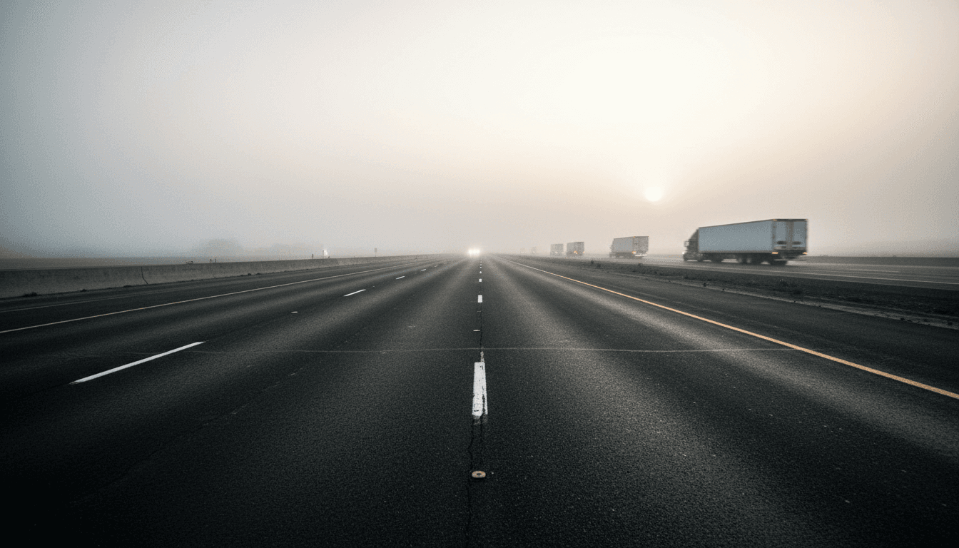 An empty, rain-slicked highway at dawn in California, with blurred lines suggesting a distant, unseen driverless truck, reflecting new California DMV issues autonomous vehicle regulations.